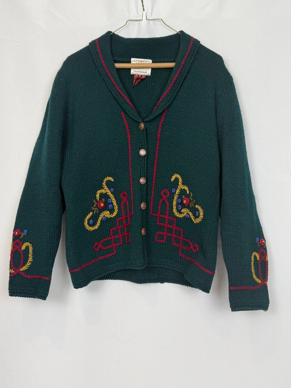 Vintage 1989 Susan Bristol Hand Embroidered Wool Cardigan Celtic Knot Sm